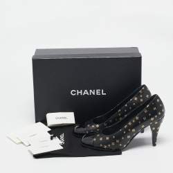 Chanel Black Patent and Leather CC Cap Toe Pumps Size 37.5