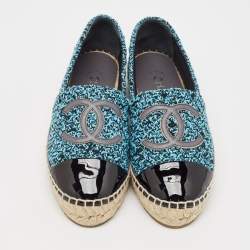 Pre Owned Chanel Blue/Black Tweed and Patent Leather CC Cap Toe Espadrille Flats Size 37