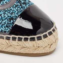 Pre Owned Chanel Blue/Black Tweed and Patent Leather CC Cap Toe Espadrille Flats Size 37