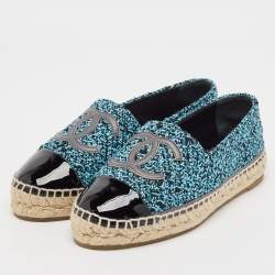 Pre Owned Chanel Blue/Black Tweed and Patent Leather CC Cap Toe Espadrille Flats Size 37