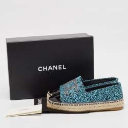 Pre Owned Chanel Blue/Black Tweed and Patent Leather CC Cap Toe Espadrille Flats Size 37