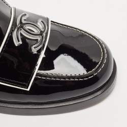 Chanel Black Patent Leather CC Slip On Loafers Size 38.5