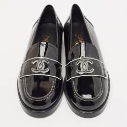 Chanel Black Patent Leather CC Slip On Loafers Size 38.5