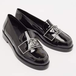 Chanel Black Patent Leather CC Slip On Loafers Size 38.5