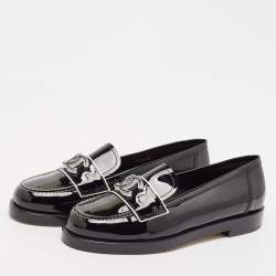 Chanel Black Patent Leather CC Slip On Loafers Size 38.5