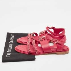 Chanel Red Leather CC Chain Detail Ankle Strap Sandals Size 38.5