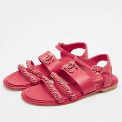 Chanel Red Leather CC Chain Detail Ankle Strap Sandals Size 38.5