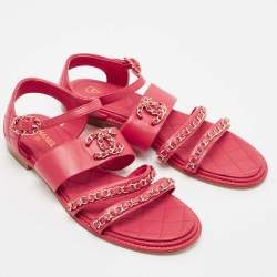Chanel Red Leather CC Chain Detail Ankle Strap Sandals Size 38.5