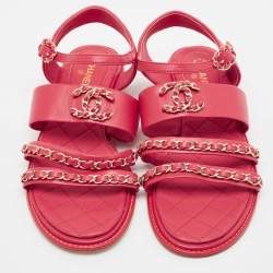 Chanel Red Leather CC Chain Detail Ankle Strap Sandals Size 38.5