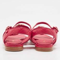 Chanel Red Leather CC Chain Detail Ankle Strap Sandals Size 38.5