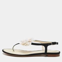 Chanel Black/White Canvas and  Leather CC Camellia Flat Thong Sandals Size 37