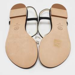 Chanel Black/White Canvas and  Leather CC Camellia Flat Thong Sandals Size 37