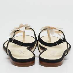 Chanel Black/White Canvas and  Leather CC Camellia Flat Thong Sandals Size 37