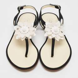 Chanel Black/White Canvas and  Leather CC Camellia Flat Thong Sandals Size 37