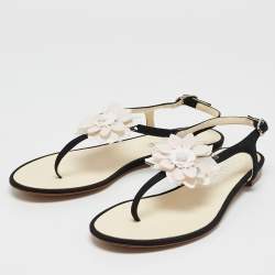 Chanel Black/White Canvas and  Leather CC Camellia Flat Thong Sandals Size 37