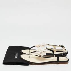 Chanel Black/White Canvas and  Leather CC Camellia Flat Thong Sandals Size 37