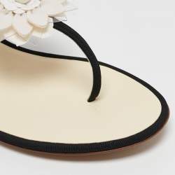 Chanel Black/White Canvas and  Leather CC Camellia Flat Thong Sandals Size 37