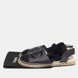 Pre Owned Chanel Black Satin CC Espadrille Ankle Strap Flats Size 37