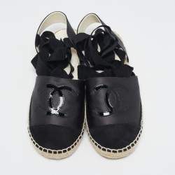 Pre Owned Chanel Black Satin CC Espadrille Ankle Strap Flats Size 37