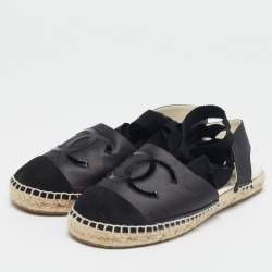 Pre Owned Chanel Black Satin CC Espadrille Ankle Strap Flats Size 37