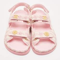 مملوكة مسبقًا Chanel Cream/Pink Tweed Fabric Dad Sandals Size 40