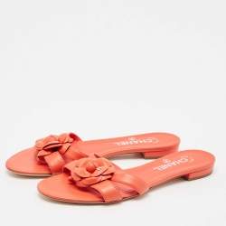 Chanel Burnt Orange Leather CC Camellia Open Toe Flat Slides Size 39