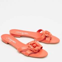 Chanel Burnt Orange Leather CC Camellia Open Toe Flat Slides Size 39