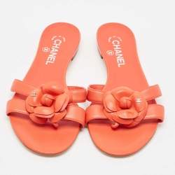 Chanel Burnt Orange Leather CC Camellia Open Toe Flat Slides Size 39