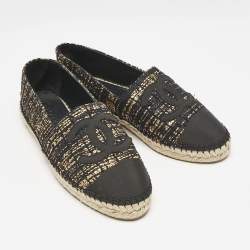 Pre Owned Chanel Black/Gold Canvas and Tweed CC Espadrille Flats Size 41