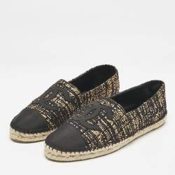 Pre Owned Chanel Black/Gold Canvas and Tweed CC Espadrille Flats Size 41