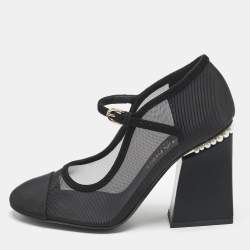 Pre Owned Chanel Black Lace and Suede Interlocking CC Logo Pumps Size 37