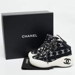 Pre Owned Chanel Black Tweed CC High Top Snow Sneakers Size 36