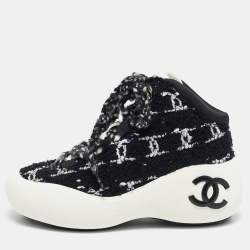 Pre Owned Chanel Black Tweed CC High Top Snow Sneakers Size 36