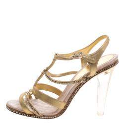 Pre Owned Chanel Metallic Gold CC Crystal Embellished Suede Lucite Heel Strappy Sandals Size 41
