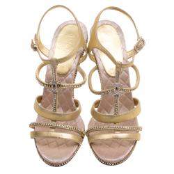 Pre Owned Chanel Metallic Gold CC Crystal Embellished Suede Lucite Heel Strappy Sandals Size 41