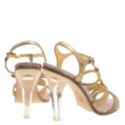 Pre Owned Chanel Metallic Gold CC Crystal Embellished Suede Lucite Heel Strappy Sandals Size 41