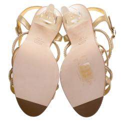 Pre Owned Chanel Metallic Gold CC Crystal Embellished Suede Lucite Heel Strappy Sandals Size 41