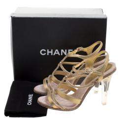 Pre Owned Chanel Metallic Gold CC Crystal Embellished Suede Lucite Heel Strappy Sandals Size 41