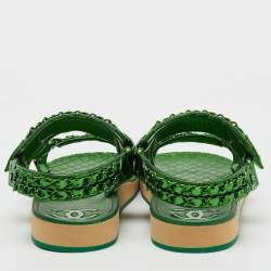 Chanel Green Metallic Leather CC Chain Link Flat Sandals Size 39