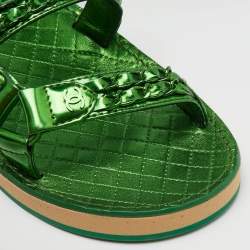 Chanel Green Metallic Leather CC Chain Link Flat Sandals Size 39