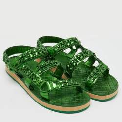 Chanel Green Metallic Leather CC Chain Link Flat Sandals Size 39