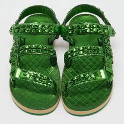 Chanel Green Metallic Leather CC Chain Link Flat Sandals Size 39