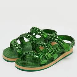 Chanel Green Metallic Leather CC Chain Link Flat Sandals Size 39