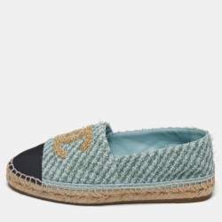 Pre Owned Chanel Light Blue/Black Tweed CC Espadrille Flats Size 39