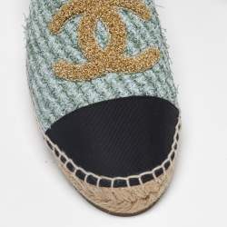Pre Owned Chanel Light Blue/Black Tweed CC Espadrille Flats Size 39