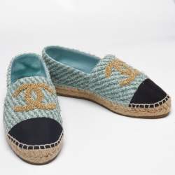 Pre Owned Chanel Light Blue/Black Tweed CC Espadrille Flats Size 39