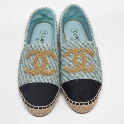 Pre Owned Chanel Light Blue/Black Tweed CC Espadrille Flats Size 39