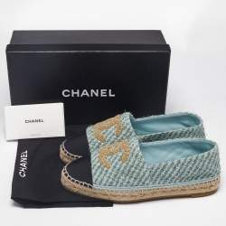 Pre Owned Chanel Light Blue/Black Tweed CC Espadrille Flats Size 39