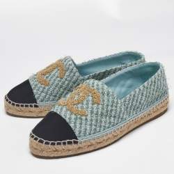 Pre Owned Chanel Light Blue/Black Tweed CC Espadrille Flats Size 39