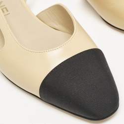 Chanel Beige/Black Leather and Grosgrain Cap Toe Slingback Flats Size 37